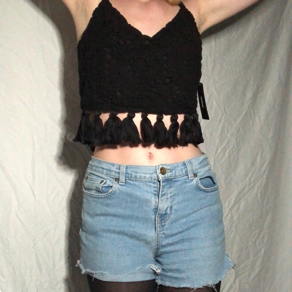 Lulus black tassel crop tank top